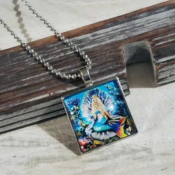 Hand Crafted Jewelry - Hand Crafted Mermaid in Her Oyster Shell Square Glass Cabochon Pendant  Necklace